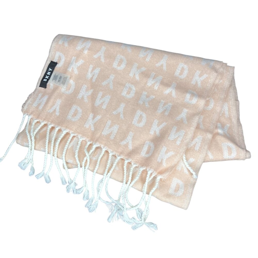 DKNY Blush Pink White Soft Cozy Monogram Logo Fringe‎ Winter Scarf 68" X 11.5"
